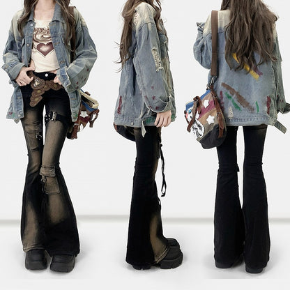 Light Blue Print Design Distressed Holes Details Denim Jacket