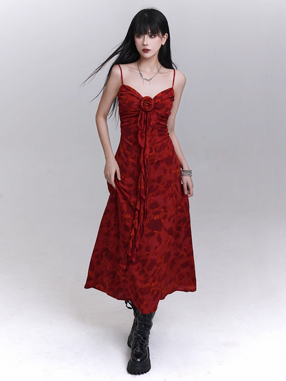 Red Sweetheart Neckline Cascading Ruffle Floral Cami Dress