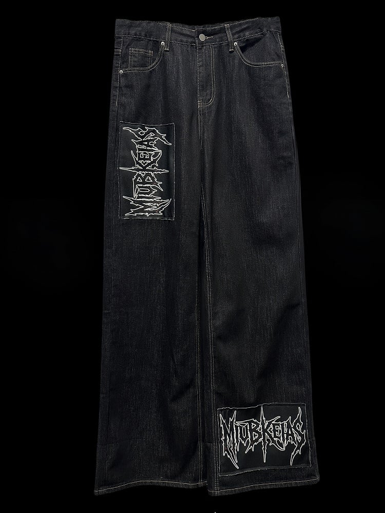 Dark Blue Letter Applique Straight-leg Cut Jeans