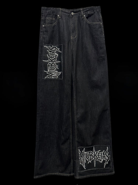 Dark Blue Letter Applique Straight-leg Cut Jeans