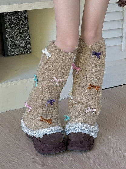 White/Purple/Camel/Light Grey Sweet Bowknot Lace Trim Leg Warmers