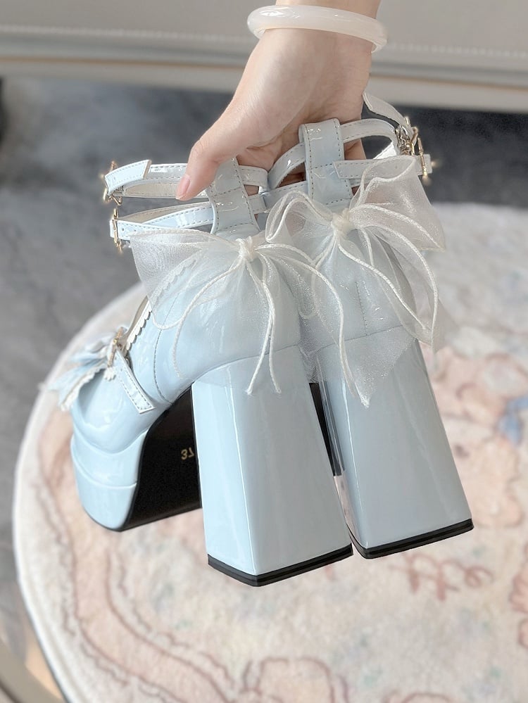 11CM Polished Blue Bow at Top Sweet Lolita Platform High Heels