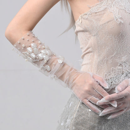 Artificial Pearls and Sea Shells Decorated White Tulle Gloves