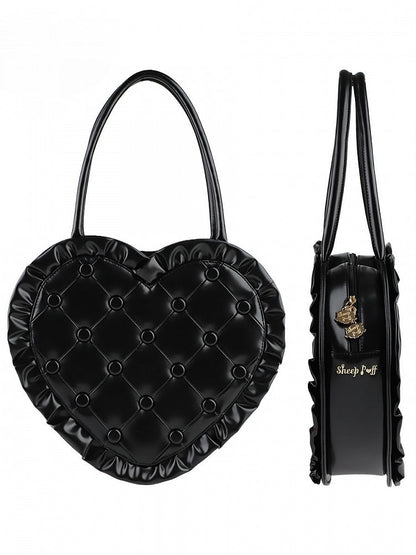 Black Ruffles Trim Heart-shaped Hand Bag