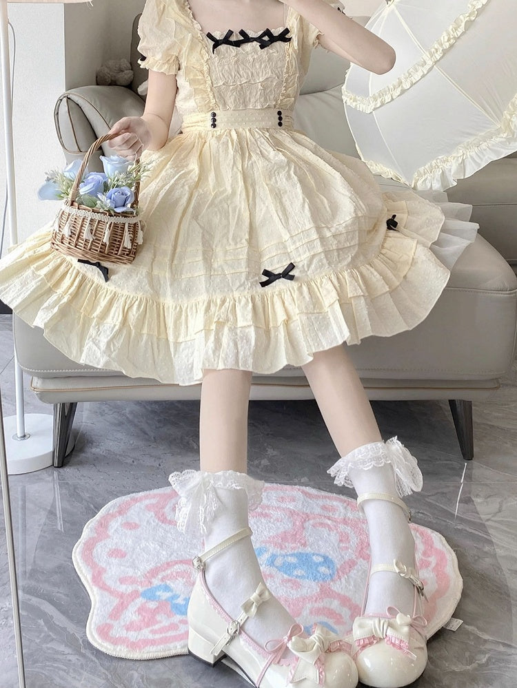 Creamy White Ruffle Trim Decorated Bow at Top 3.5CM Sweet Lolita Block Heel Mary Janes