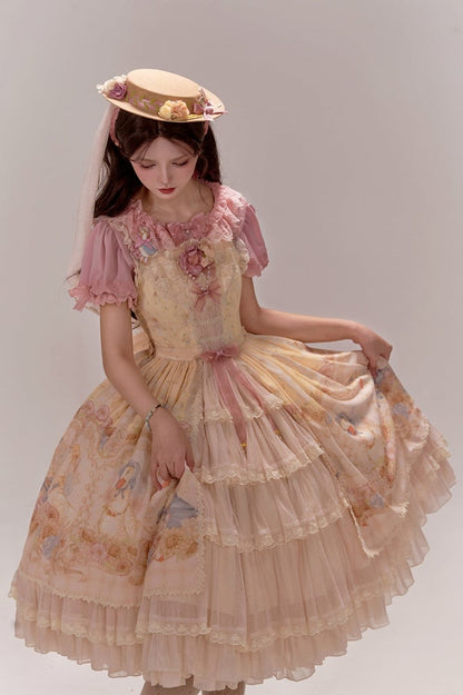 Clearance-Size XL for Bust 96-106CM Farm Ducks and Sunflowers Print Yellow Sweet Lolita Jumper Skirt