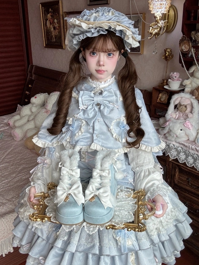Pompom Accents, Delicate Bows & Plush Lining Blue Sweet Lolita Platform Boots