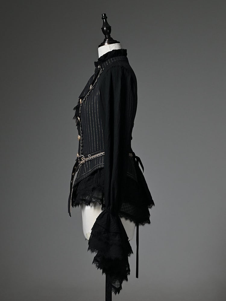 Black Jabot Ruffle Neckline Cadcading Ruffle Cuffs Long Sleeves Ouji Lolita Top