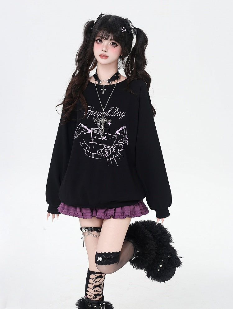 Self-tie Bowknot at Back Pink/Black Round Neck Graphic Sweatshirt