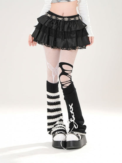 White/Black Elastic Waist Butterfly Appliques Lace Trim Tiered Skirt