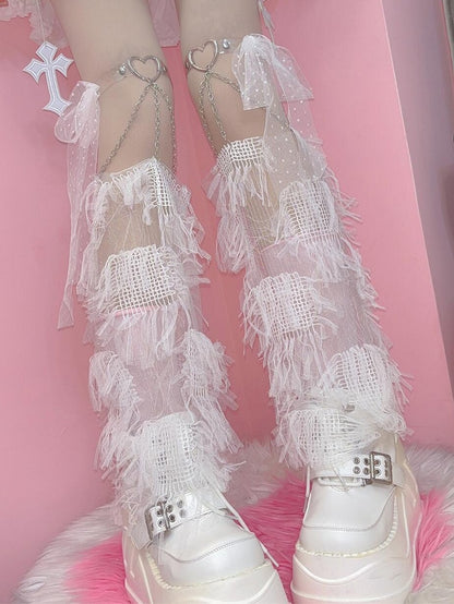 White/Black Y2K Tassels Leg Sleeves With Self-tie Strap Decorated Heart Garters