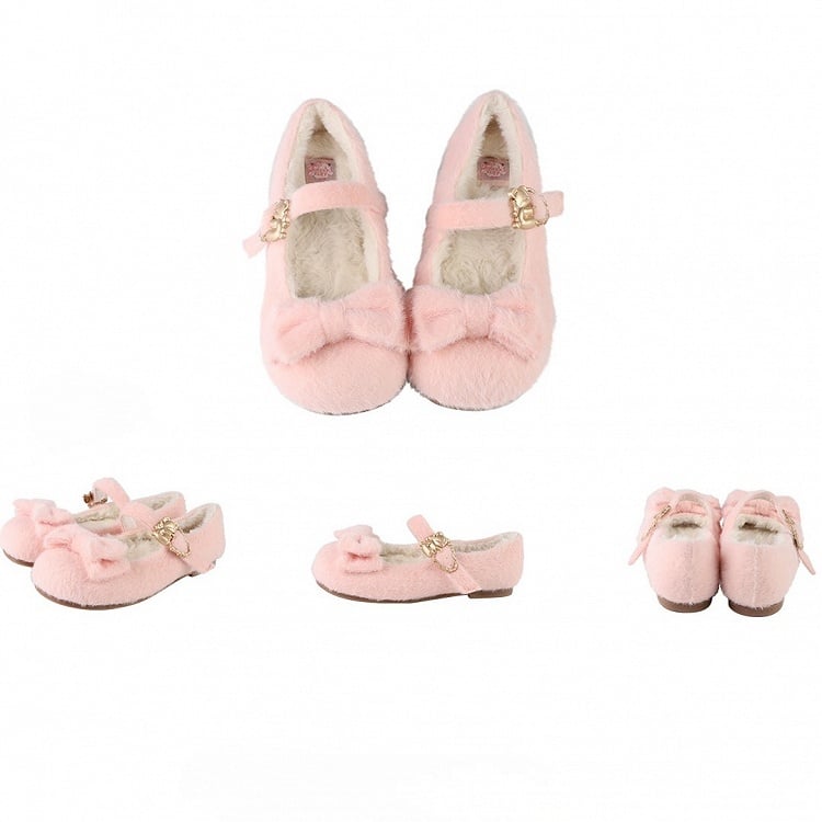 Plush Sweet Pink Flat Shoes for Lolita with Decorative Bow & Hugging Bear Clasps - Regular/Thicken Version