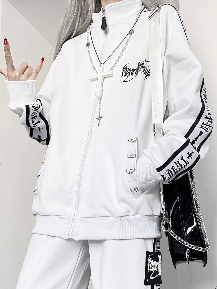 White Gothic Cross And Letter Print Sweatshirt Jacket