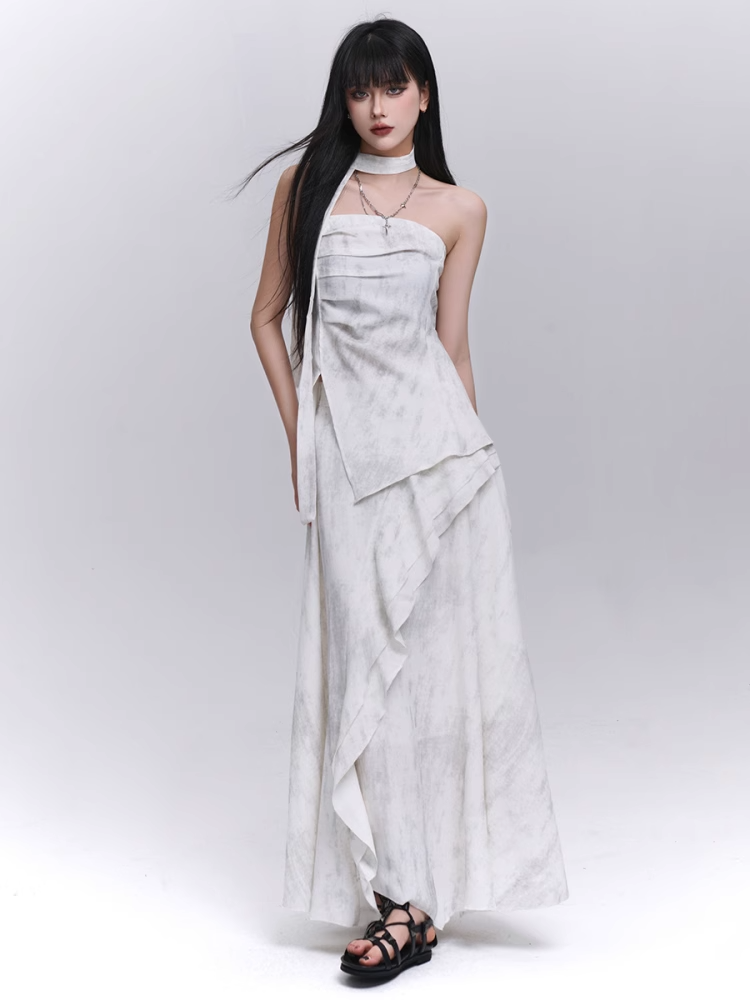 Off-white Side Slit Strapless Top with Scarf / Elastic Waist Cascading Ruffle Trim Skirt