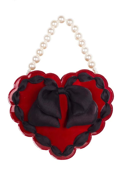 Red Heart-Shaped Lolita Bag with Black Bow & Pearl Handle
