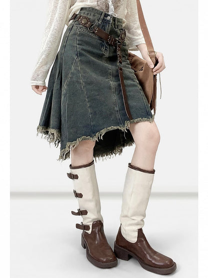 Blue Asymmetrical Hem Raw Hem Skirt