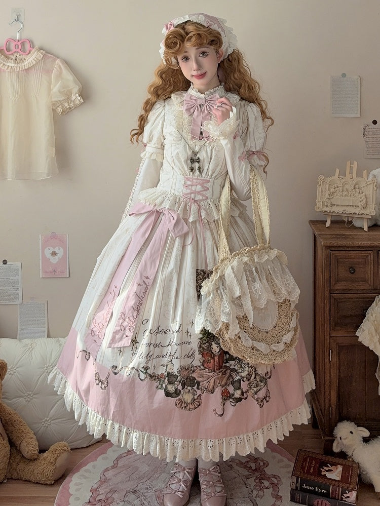 Plus Sizes Available Creamy Short Sleeves Blouse + Little Grils and Toys Print Skirt Set