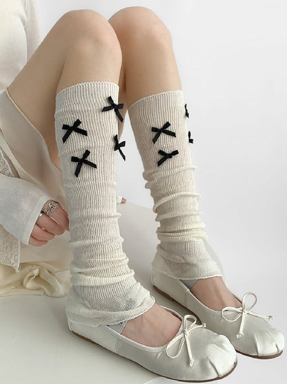 Gray/White Bowknot Details Knitted Leg Warmers