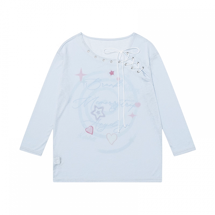 Lace-up Neckline Star Print Blue/White Semi-sheer Coverup