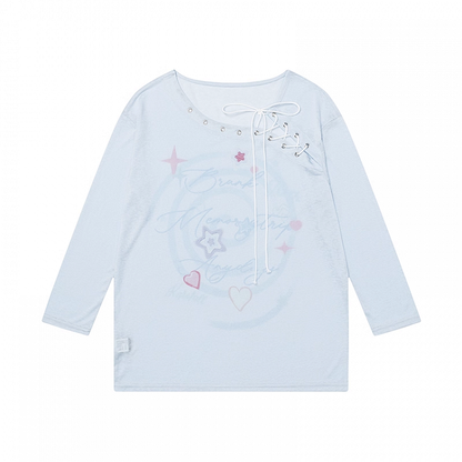 Lace-up Neckline Star Print Blue/White Semi-sheer Coverup