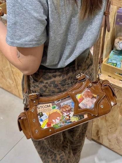 Brown PU Y2K Shoulder Ita Bag With Star Charm