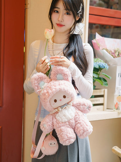 Pink Bowknot Decorated 43cm Plush Rabbit Backpack Detachable Shoulder Straps