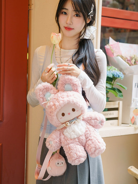Pink Bowknot Decorated 43cm Plush Rabbit Backpack Detachable Shoulder Straps