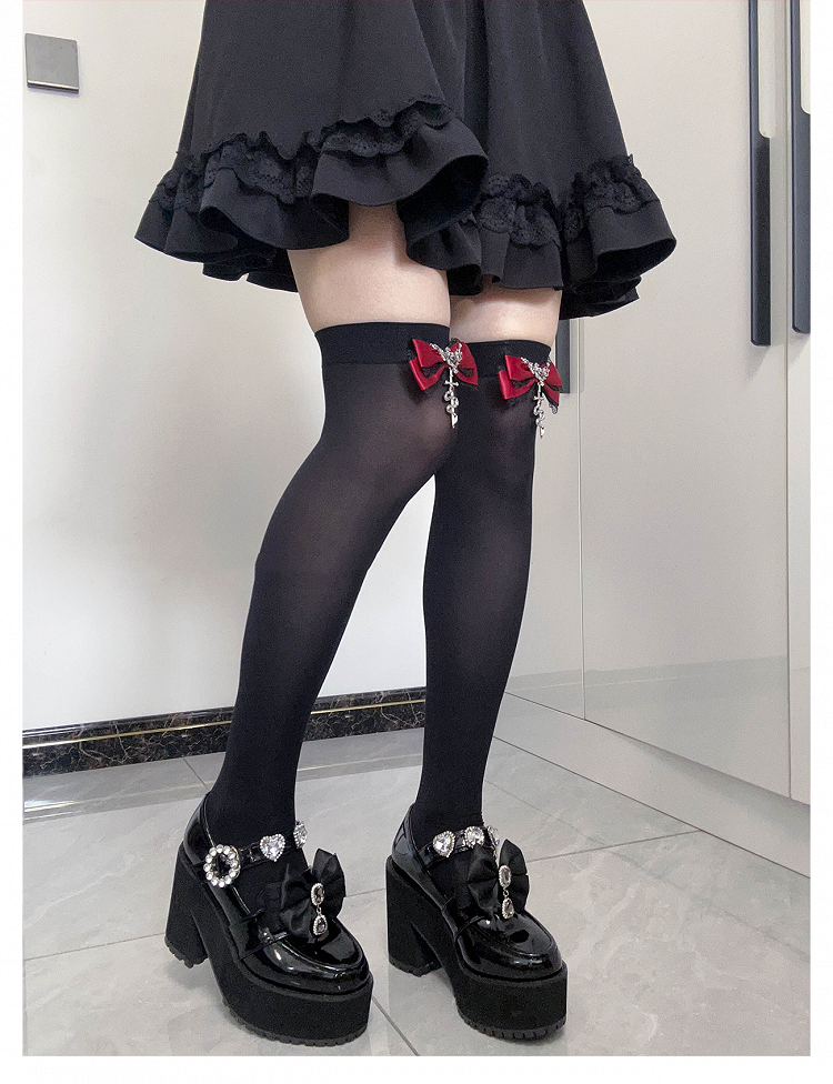 Gothic Red Metal Snake Bowknot Accents Jirai Kei Over Knee Stockings Regular/Long Version