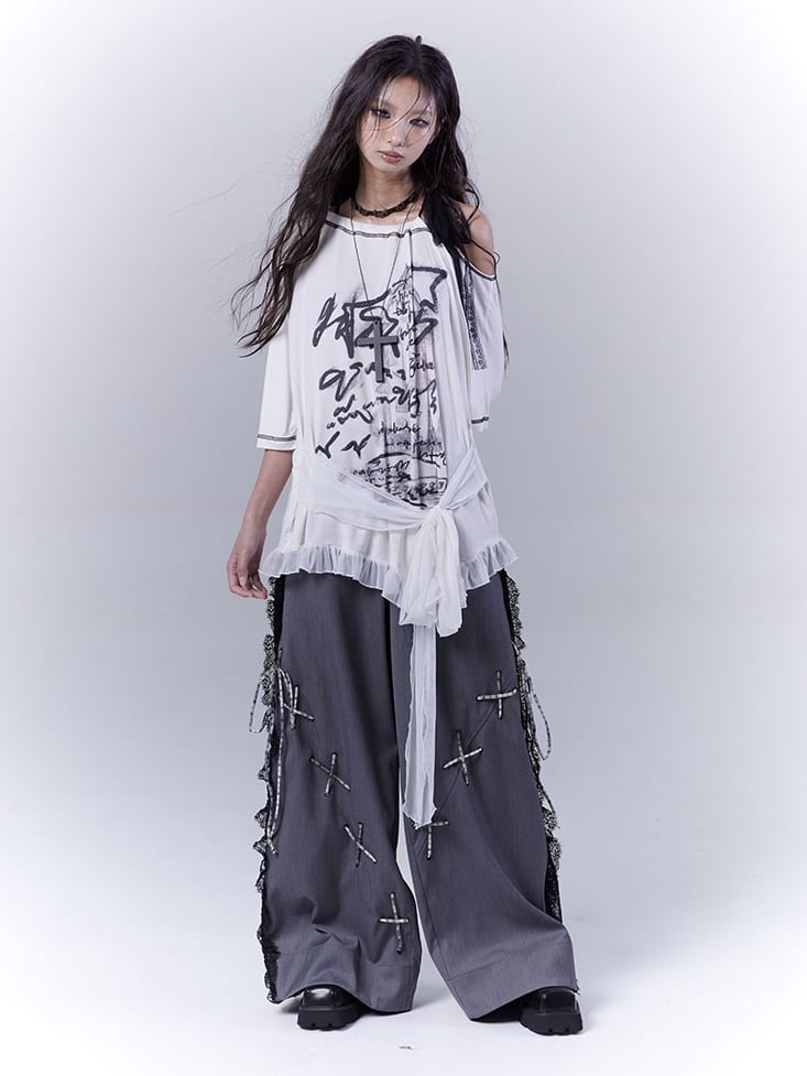 Dark Gray Lace Patches Side Casual Pants with Lace-up Details