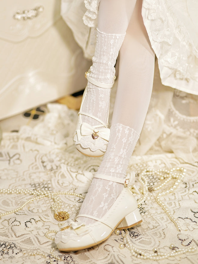 Milky White Heart Charm Bow at Top Lace Trim Crisscross Design Lolita Shoes