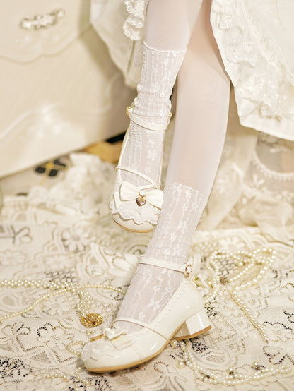 Milky White Heart Charm Bow at Top Lace Trim Crisscross Design Lolita Shoes
