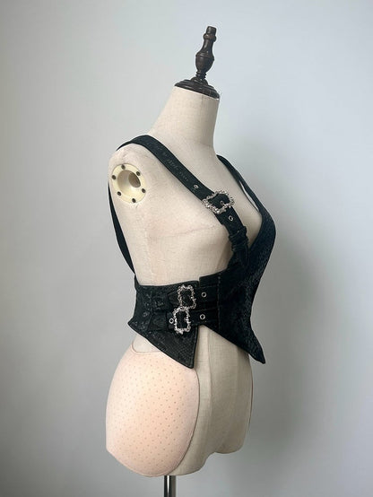 Black Asymmetrical Design Ouji Fashion Snakeskin-grain Leather Waistcoat