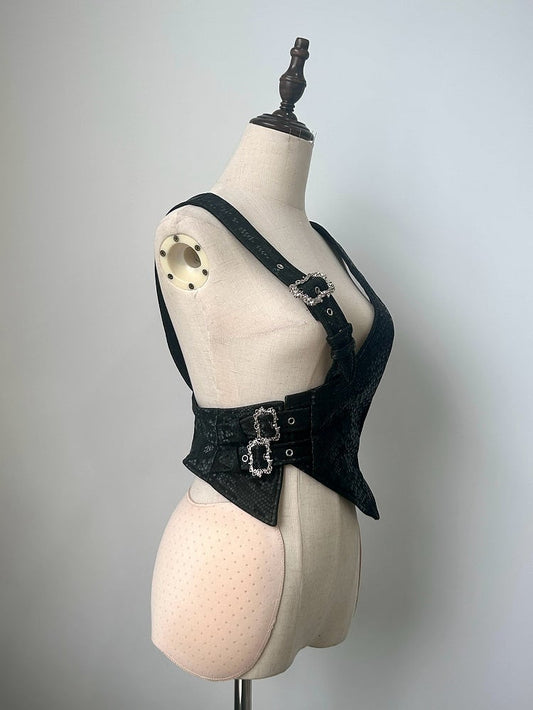 Black Asymmetrical Design Ouji Fashion Snakeskin-grain Leather Waistcoat