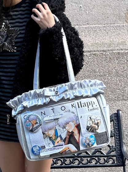 Silver Ruffle Trim Rhinestone Bowknot Large Volume Ita Tote Bag