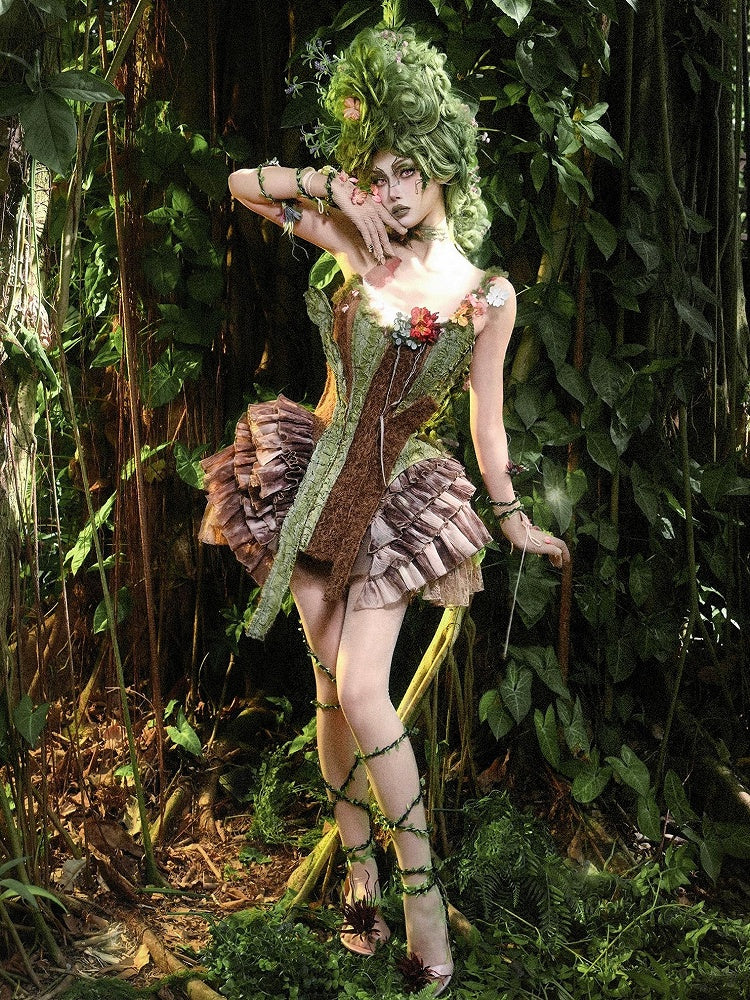 Brown and Green Asymmetrical Design Forest Fairy Goth Branch Corset