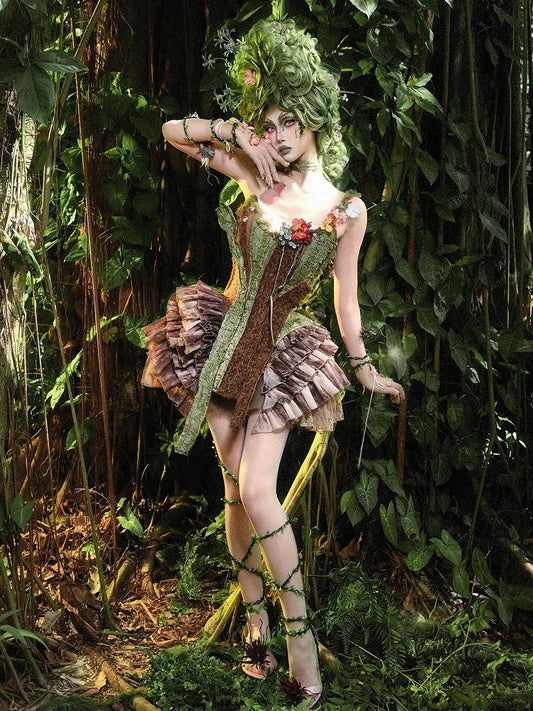 Brown and Green Asymmetrical Design Forest Fairy Goth Branch Corset