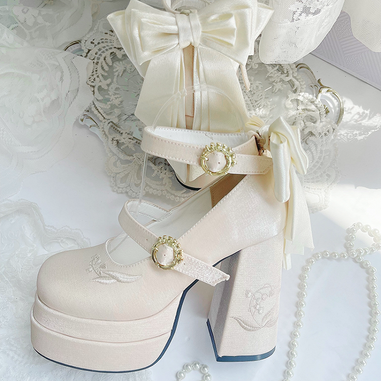 Champagne Detachable Bowknot Lily of the Valley Embroidery High Block Heel Platform Mary Janes