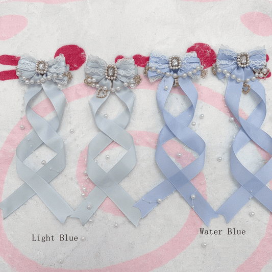 Six Colors Jirai Kei Ribbon Bow Hairclips Seiso Style with Long Spiral Tails for Ponytail