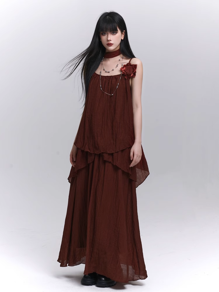 Wine Red Floral Embellished Cami Top with Scarf / Elastic Waist Skirt