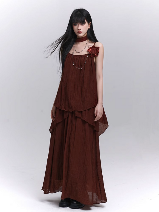 Wine Red Floral Embellished Cami Top with Scarf / Elastic Waist Skirt