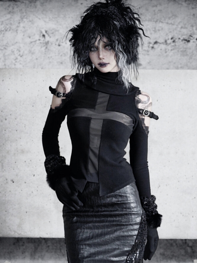 Black Open Shoulders Semi-sheer Cross Shaped Mesh Panels Goth Long Sleeve Top