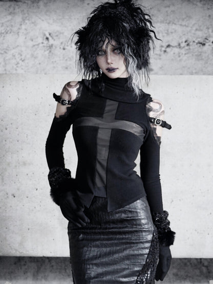 Black Open Shoulders Semi-sheer Cross Shaped Mesh Panels Goth Long Sleeve Top