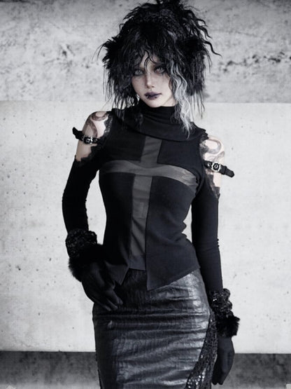 Black Open Shoulders Semi-sheer Cross Shaped Mesh Panels Goth Long Sleeve Top