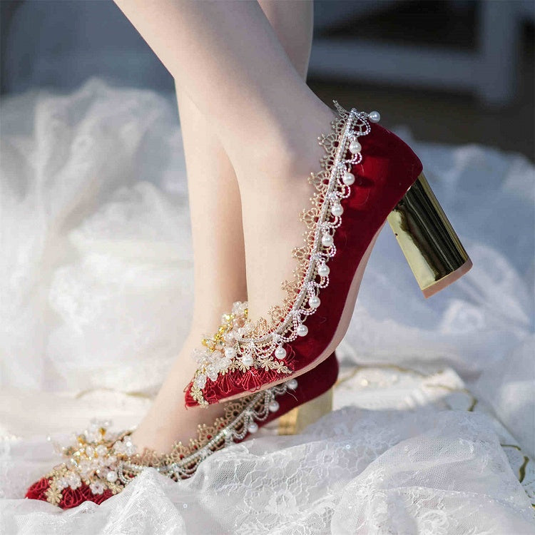 Red Beaded Floral and Charm 7CM Cheongsam Style Hime Lolita High Block Heels