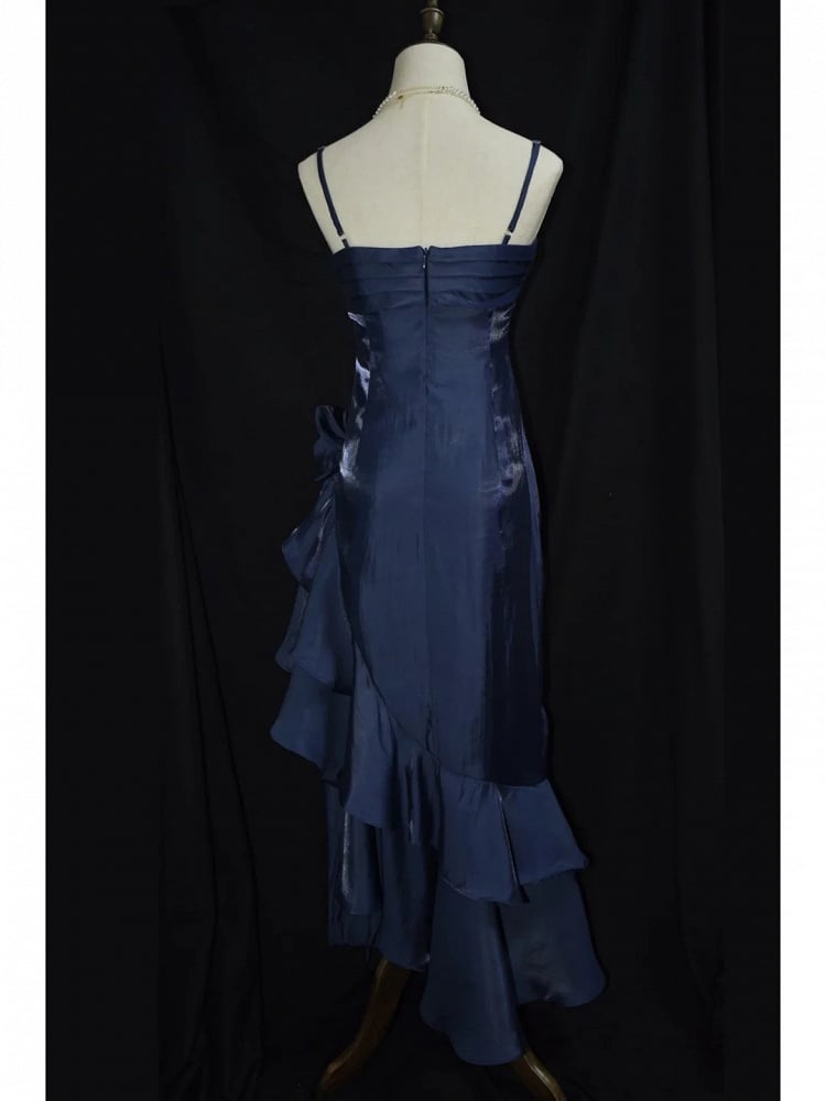 Dark Blue Vintage Floral Elegant Dress Asymmetrical Hem Prom Gown