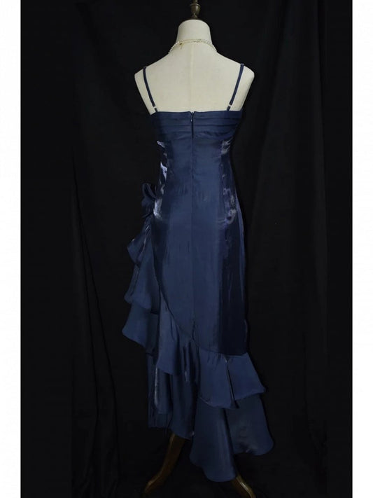 Dark Blue Vintage Floral Elegant Dress Asymmetrical Hem Prom Gown