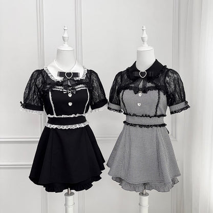 Black Houndstooth Jirai Kei Set -Shirt Collar Sweetheart Rhinestone Decoration Lace Shawl Top + Shorts + Bowtie