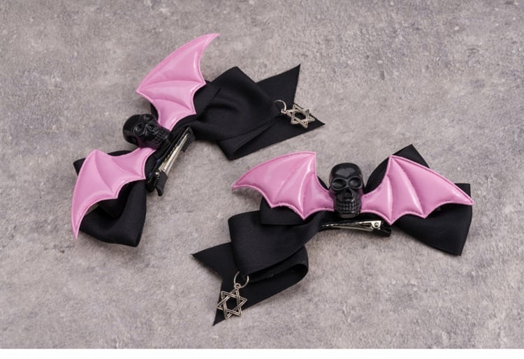 Hexagram Charm Pink Bat Wings Black Gothic Skull Bowknot Hairclips