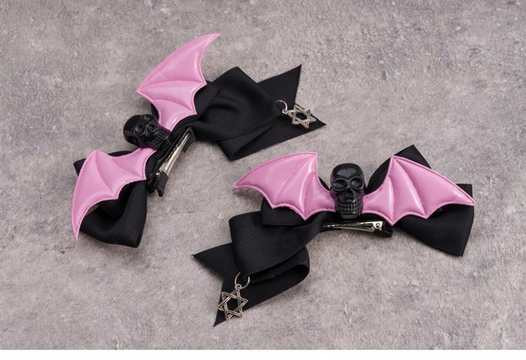 Hexagram Charm Pink Bat Wings Black Gothic Skull Bowknot Hairclips