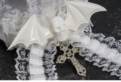White Gothic Bat Wing Skeleton Cross Lace Trim Hat Hairclip